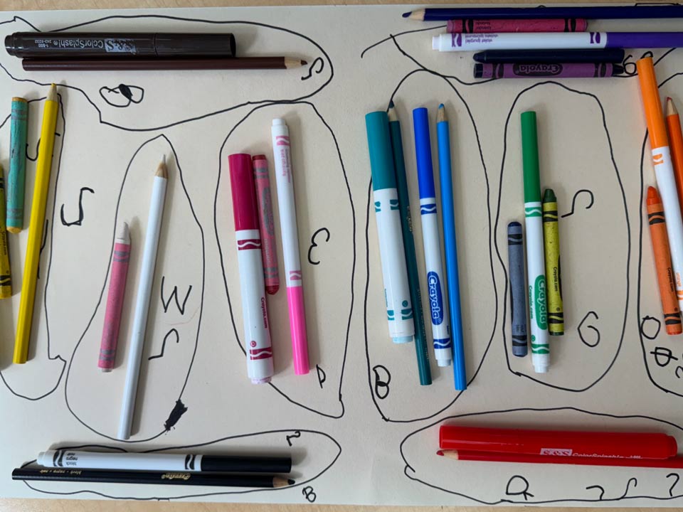 Overhead view of pens and crayons on a sheet to learn math